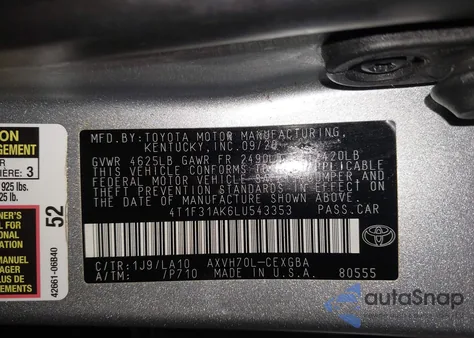 2020 Toyota Camry Xle Hybrid from USA, damaged, VIN 4T1F31AK6LU543353